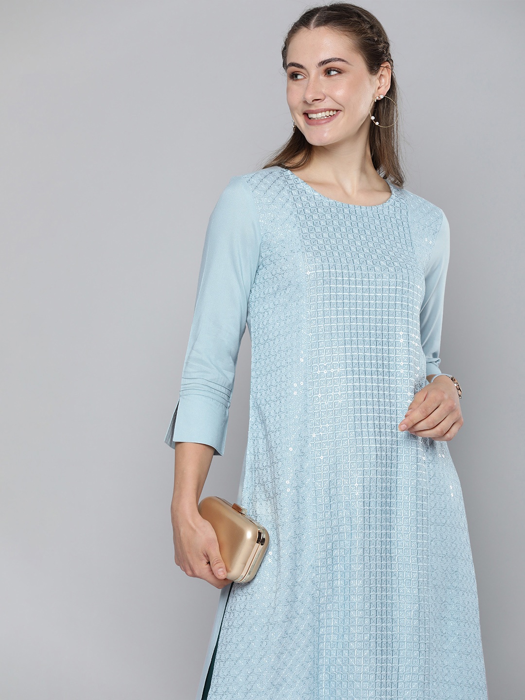 

HERE&NOW Round Neck Embellished Sequined A-Line Kurta, Blue