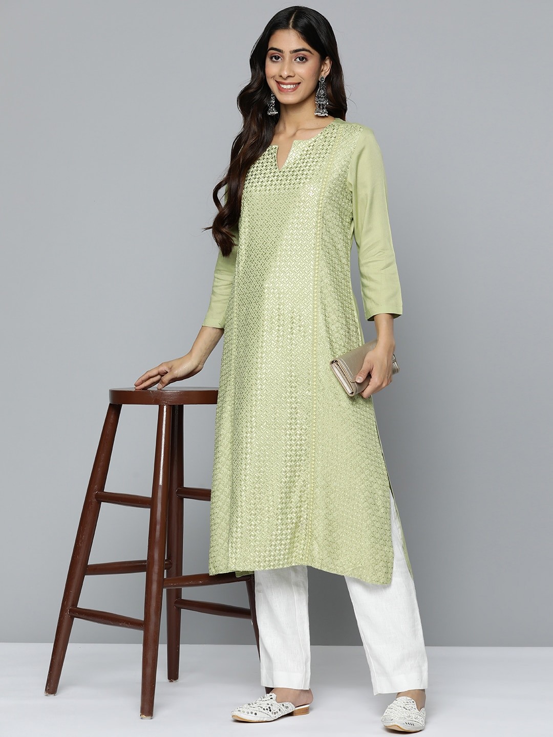 

HERE&NOW Women Ethnic Motifs Embroidered Sequinned Kurta, Green