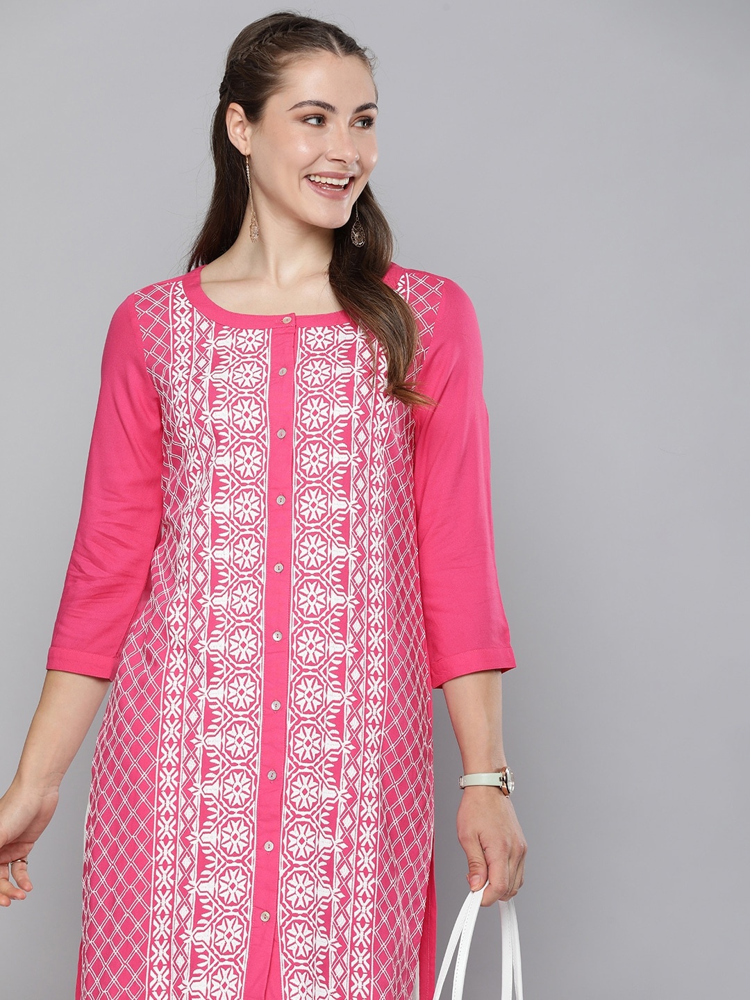 

HERE&NOW Women Ethnic Motifs Embroidered Thread Work Kurta, Pink