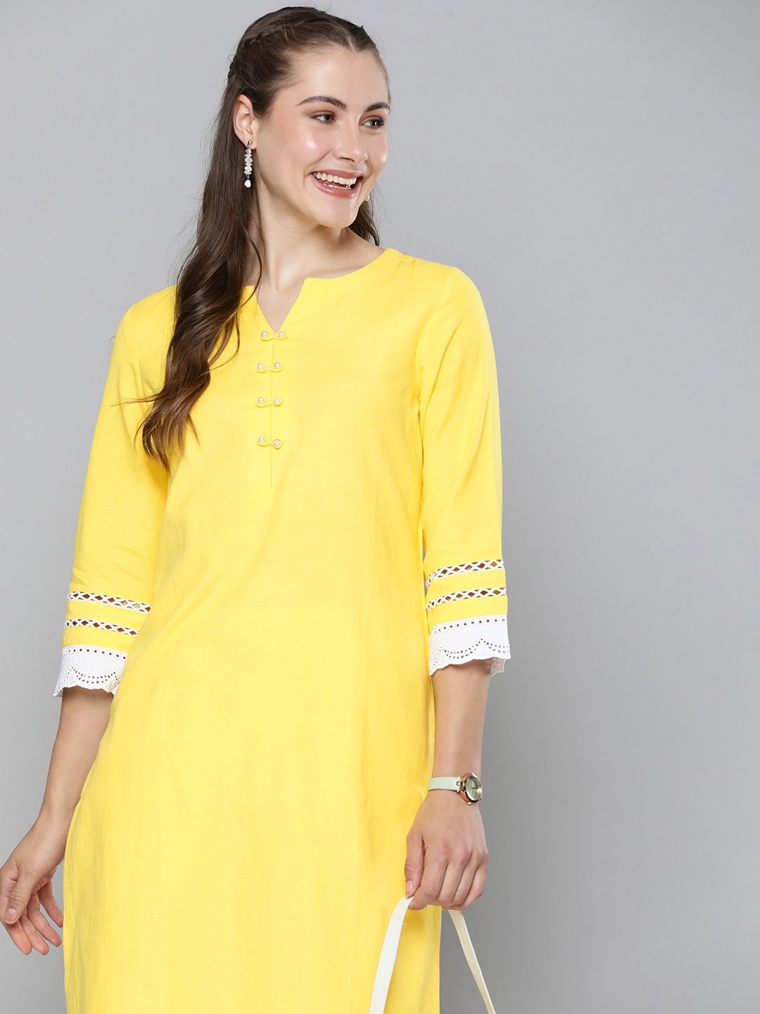 

HERE&NOW Round Neck Kurta With Lace Detail On Sleeves & Hem, Yellow