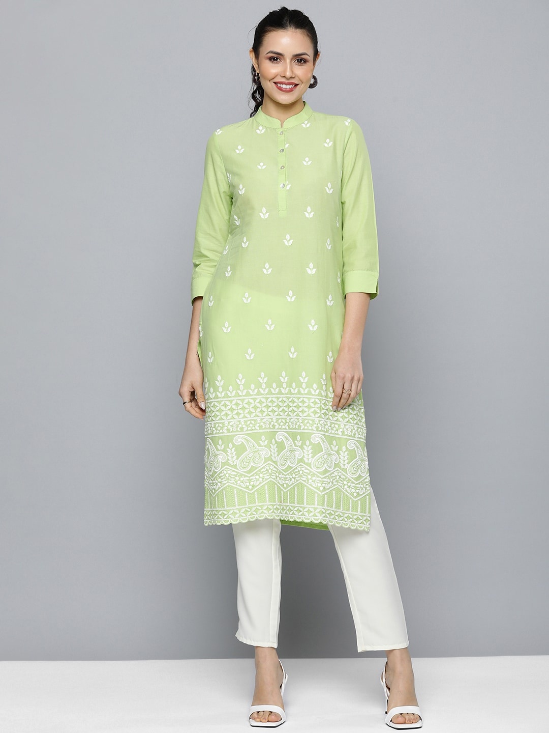 

HERE&NOW Women Pure Cotton Ethnic Motifs Embroidered Thread Work Kurta, Green