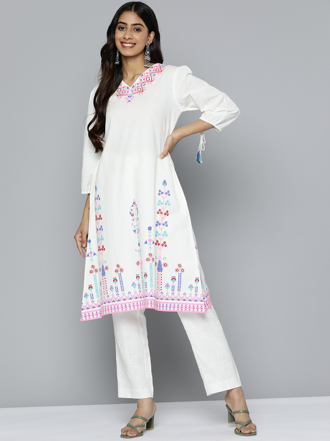 

HERE&NOW Women Ethnic Motifs Printed Lace Detail A-Line Kurta, White