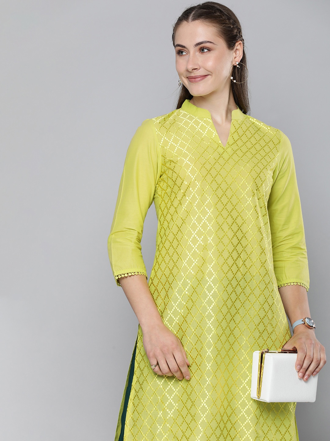 

HERE&NOW Mandarin Collar Thread Work Pure Cotton Kurta, Lime green