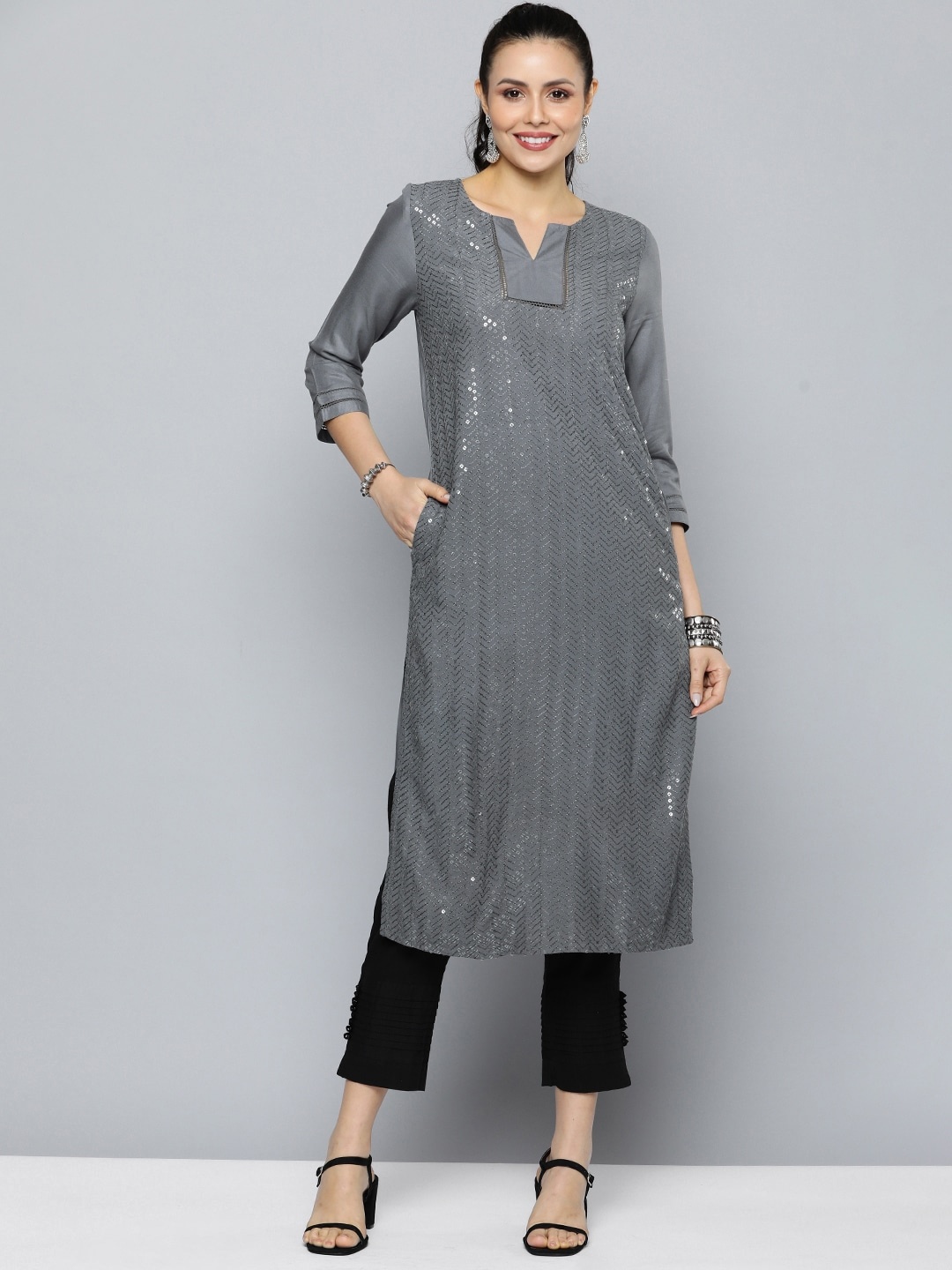 

HERE&NOW Women Embellished Sequined Straight Kurta, Grey