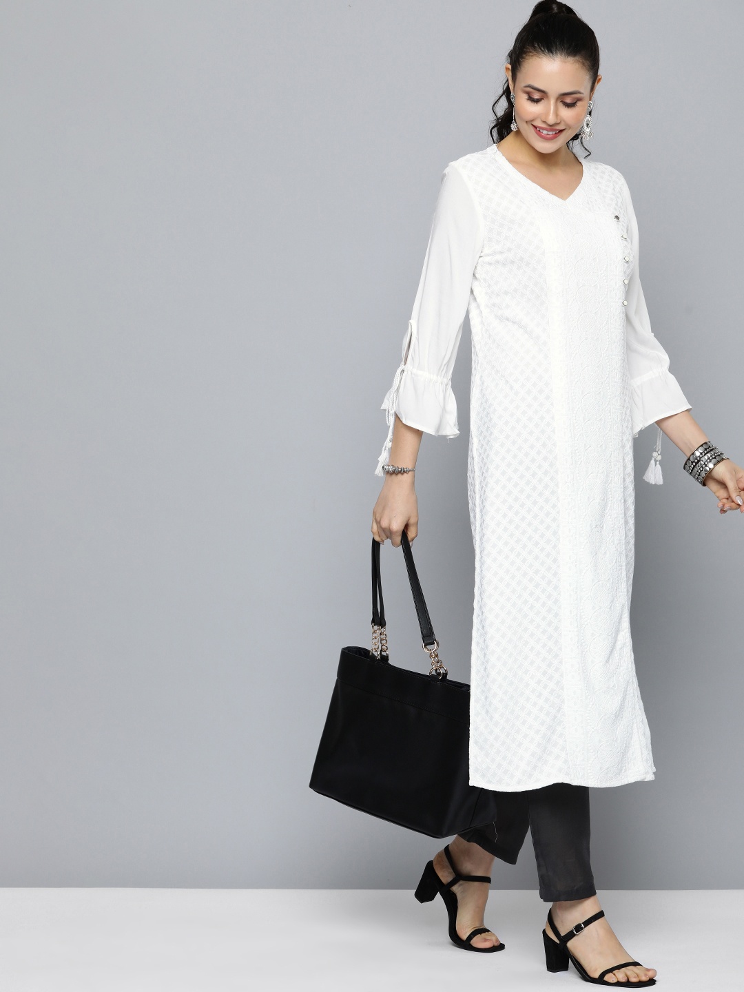 

HERE&NOW Women Ethnic Motifs Embroidered Bell Sleeves Thread Work Kurta, White