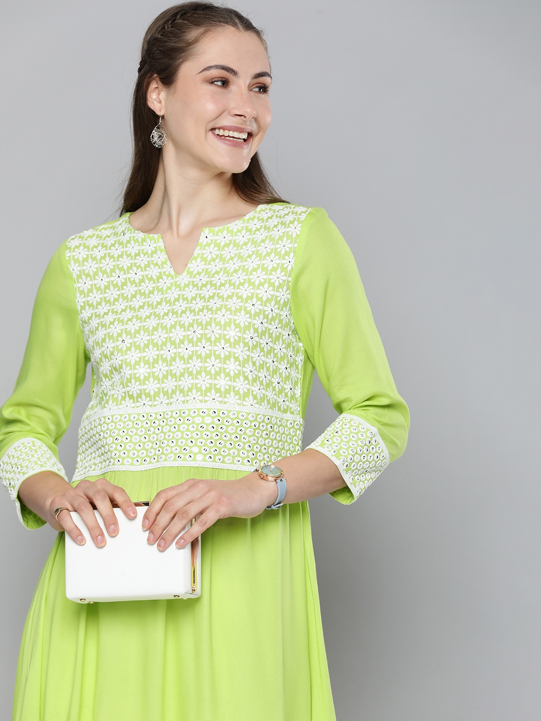 

HERE&NOW Embroidered Sequined Yoke Design A-Line Kurta, Fluorescent green