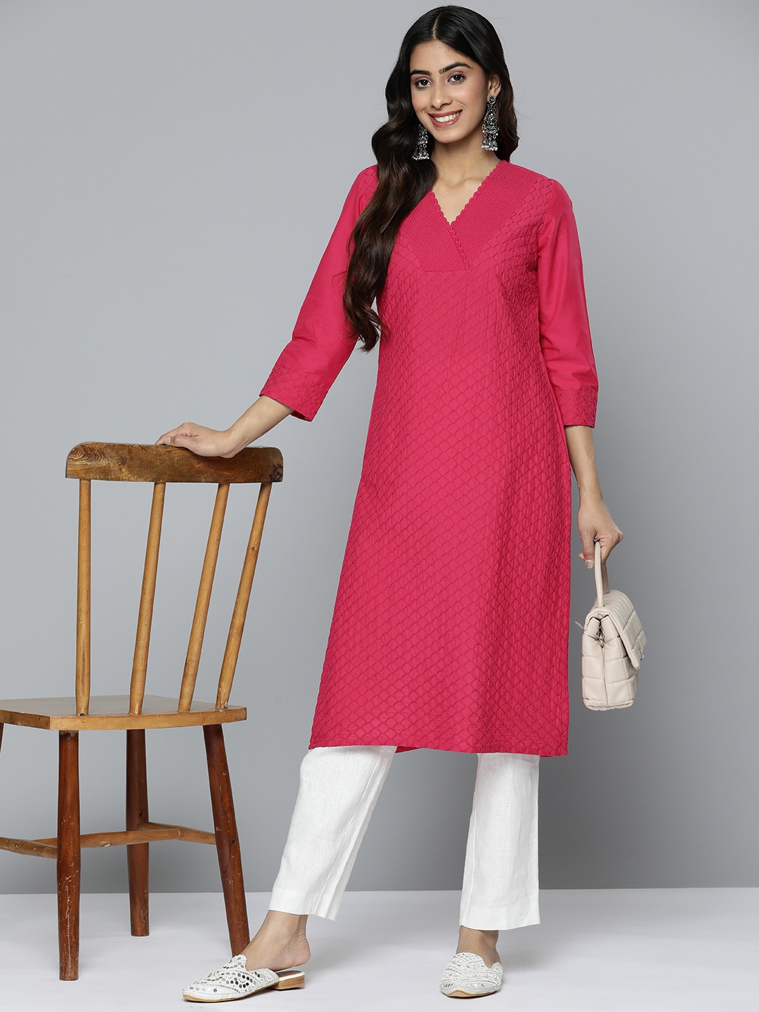 

HERE&NOW Pure Cotton Wrap Styled Neck Thread Work Embroidered Detail Straight Kurta, Pink