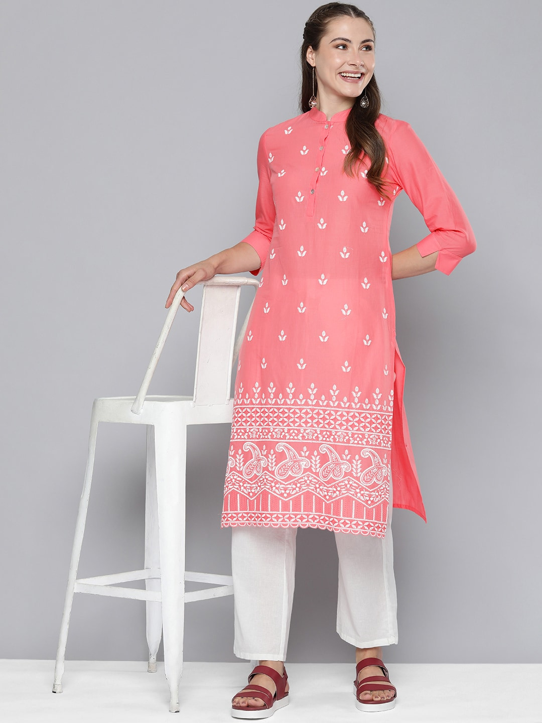 

HERE&NOW Women Pure Cotton Ethnic Motifs Embroidered Thread Work Pastels Kurta, Pink