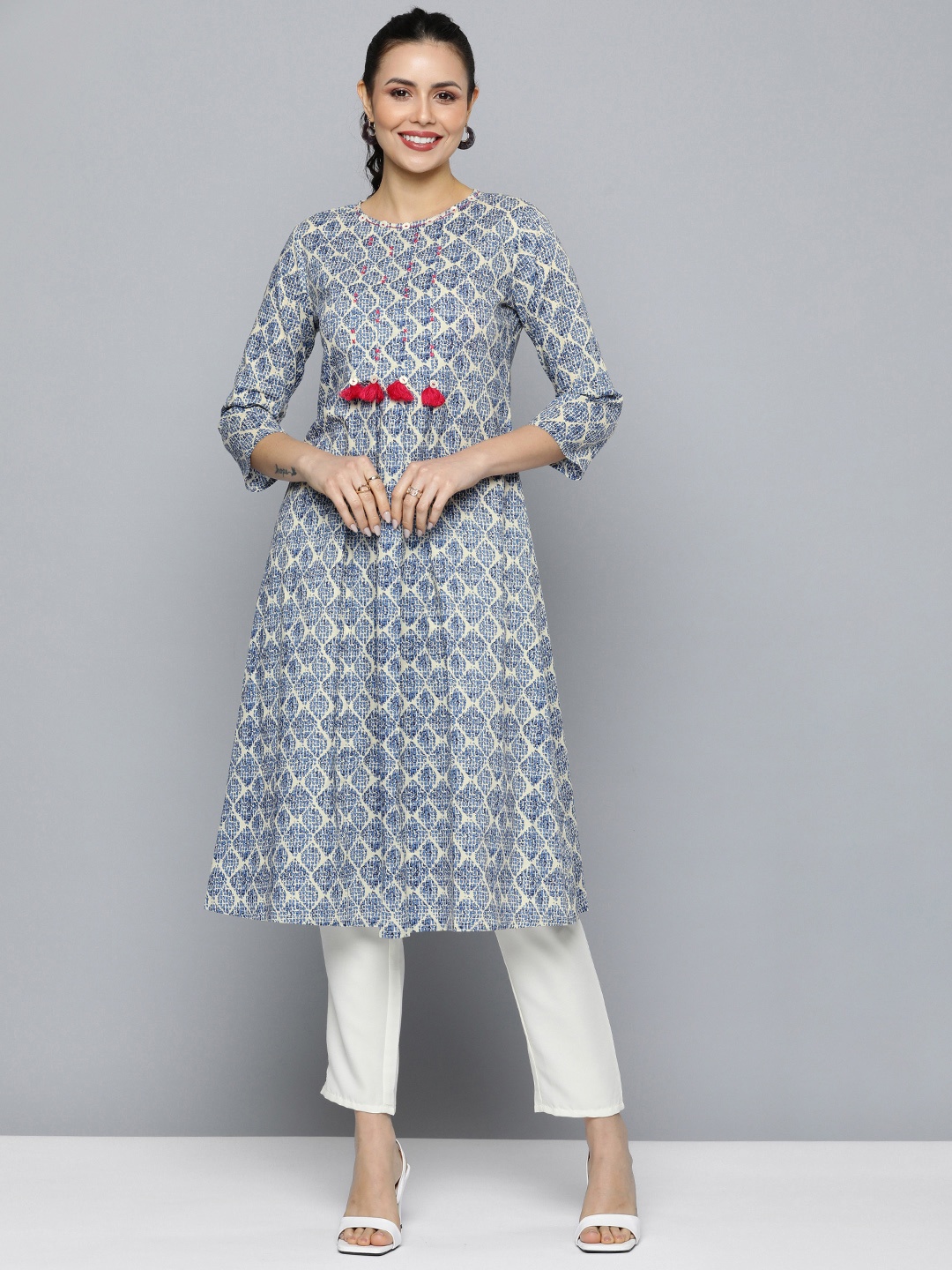 

HERE&NOW Women Pure Cotton Geometric Printed A-Line Kurta, Cream