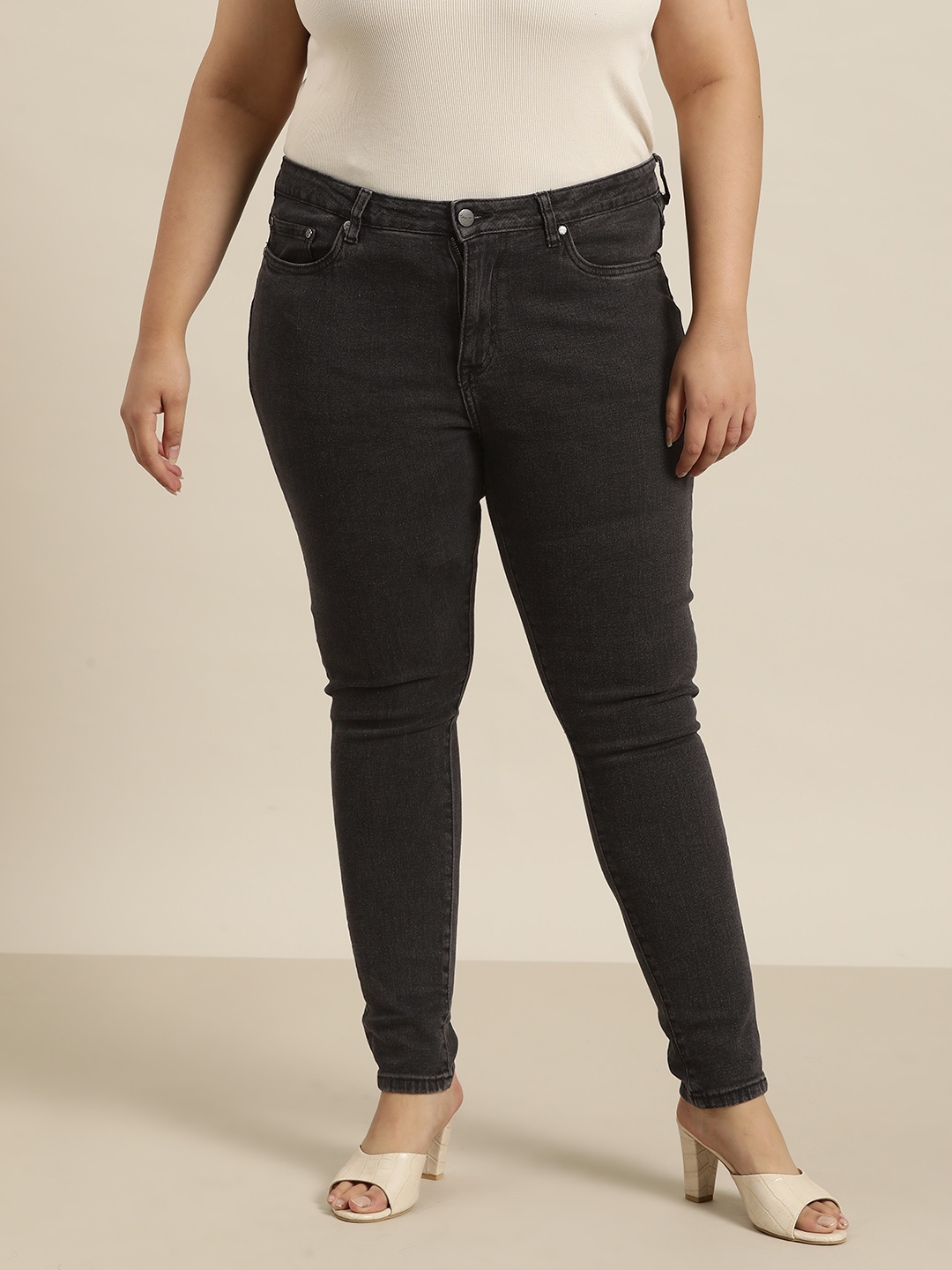 

Sztori Women Plus Size Skinny Fit High-Rise Stretchable Jeans, Black