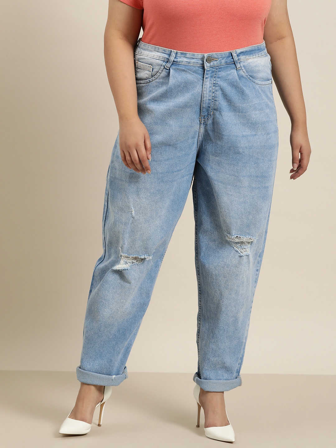 

Sztori Women Plus Size Slouchy Fit Light Fade Slash-Knee Stretchable Jeans, Blue