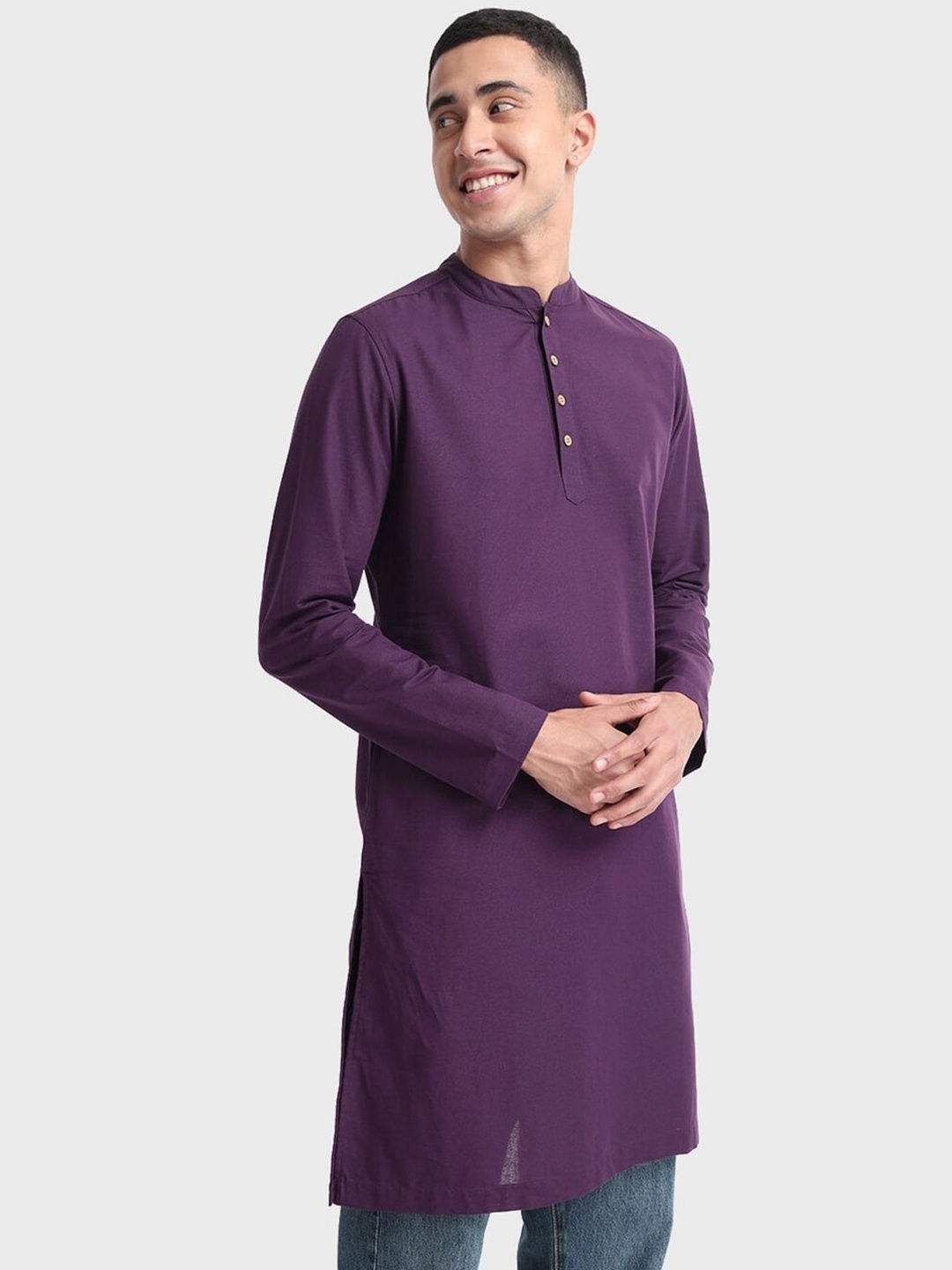 

Bewakoof Plus Men Mandarin Collar Relaxed Fit Cotton Kurta, Purple