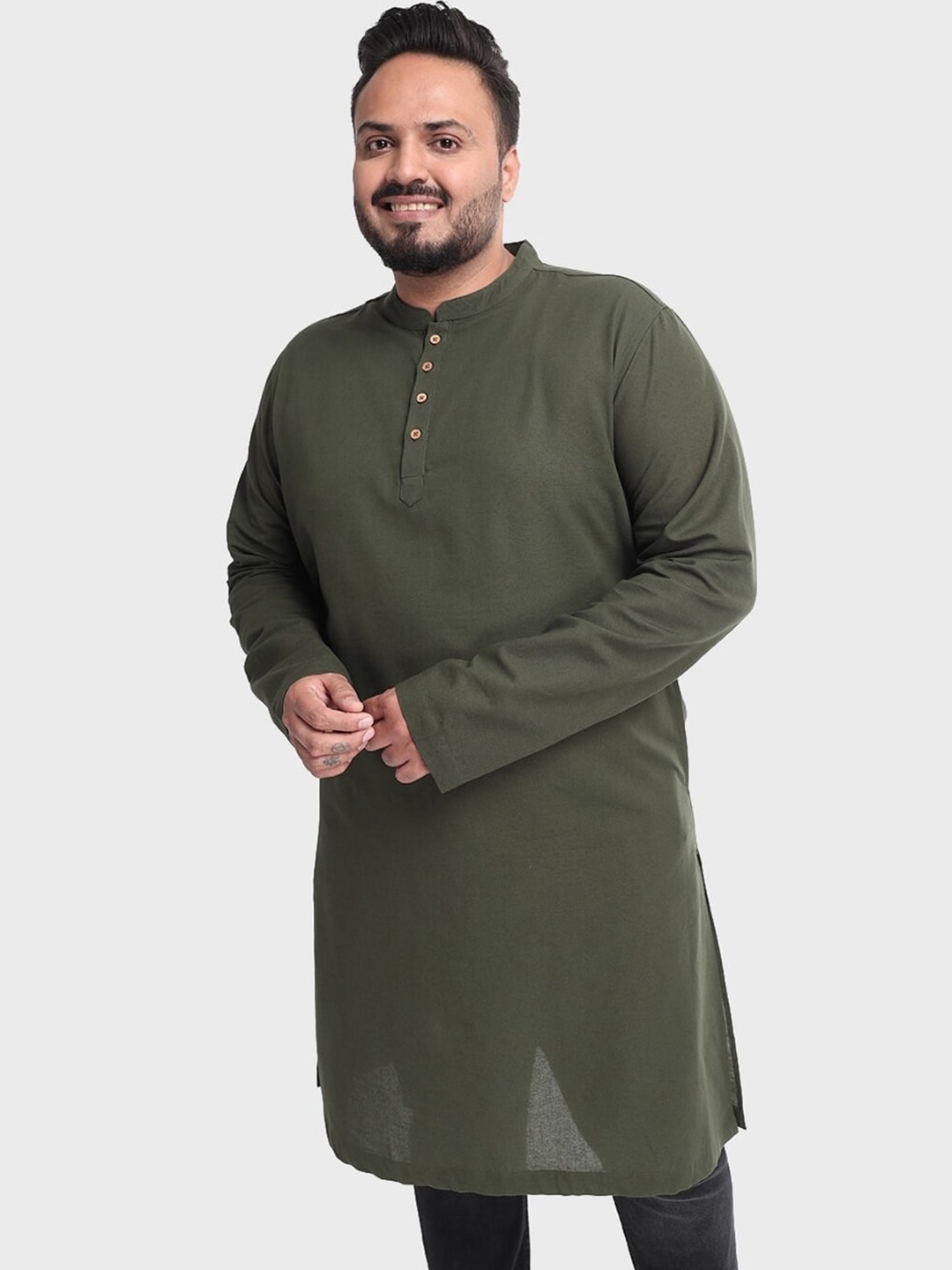 

Bewakoof Plus Men Plus Size Mandarin Collar Cotton Kurta, Green