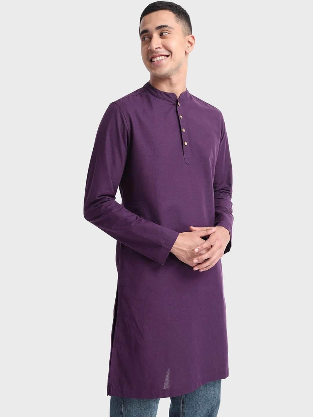 

Bewakoof Relaxed Fit Mandarin Collar Cotton Kurta, Purple