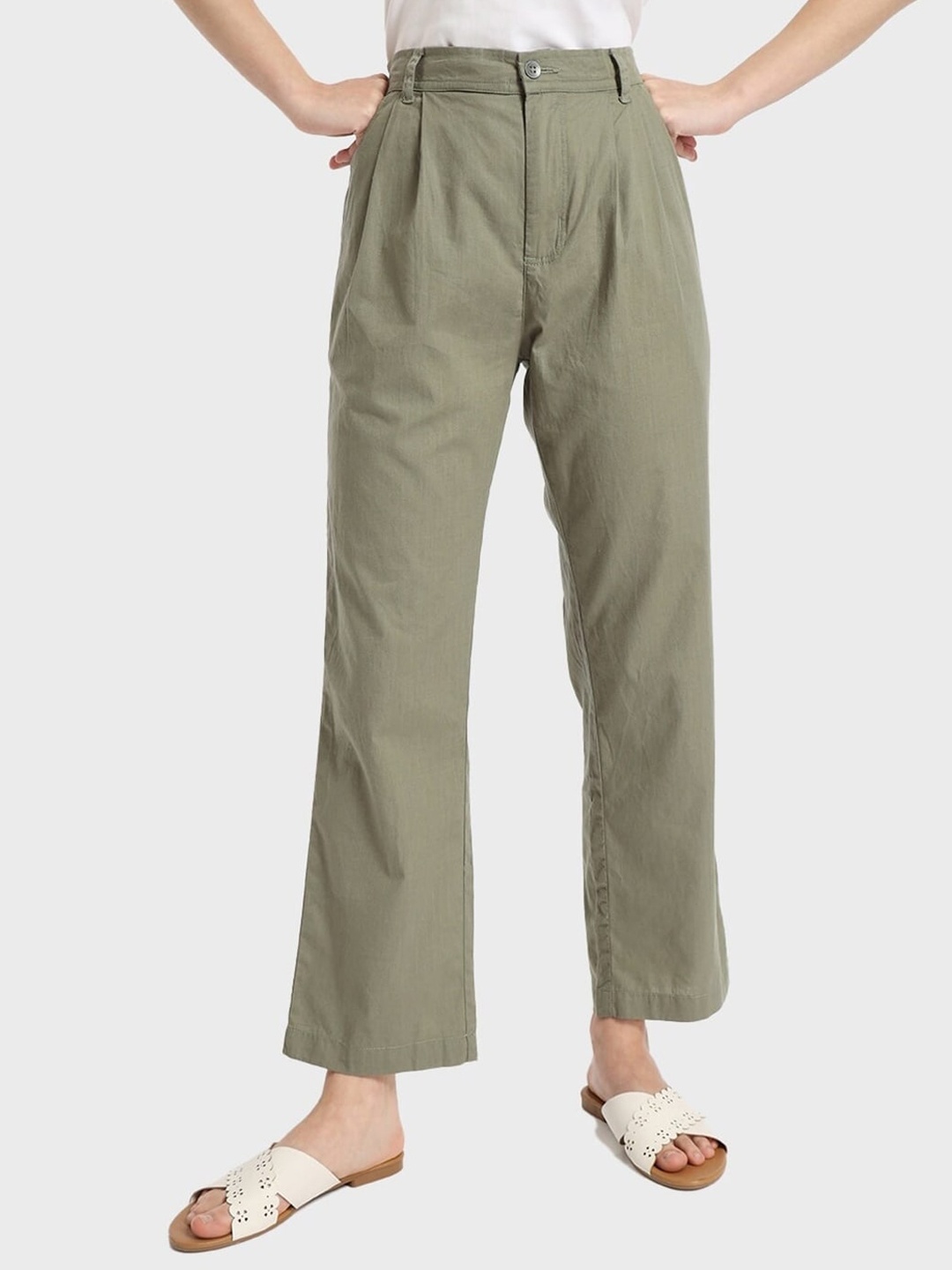 

Bewakoof Women Cotton Flared Trousers, Green