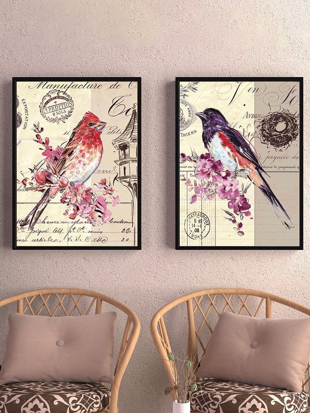 

Art Street Beige & Pink 2 Pcs Chad Barrett Birds Canvas Painting Wall Art