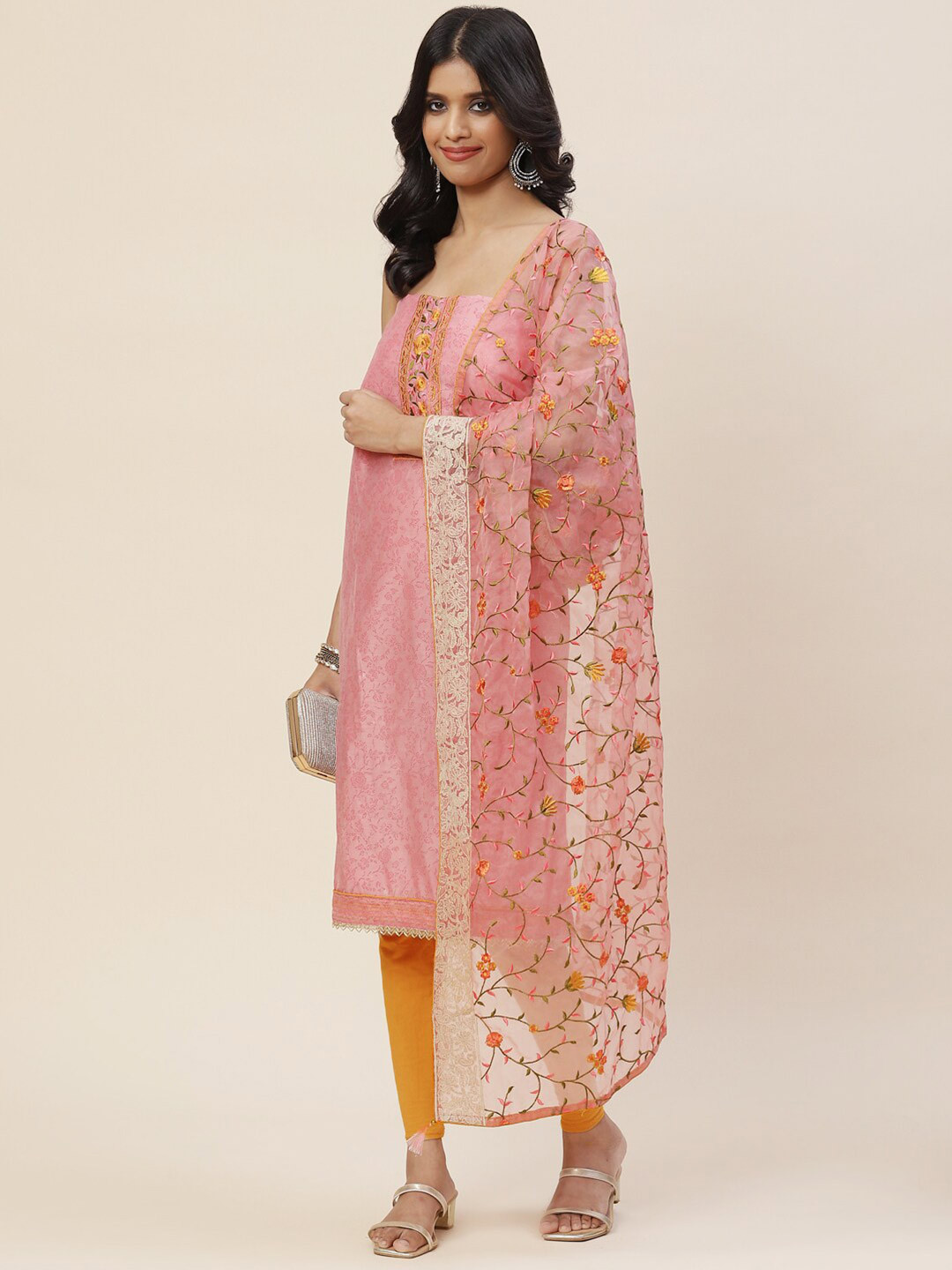 

Meena Bazaar Printed Art Silk Unstitched Dress Material, Pink