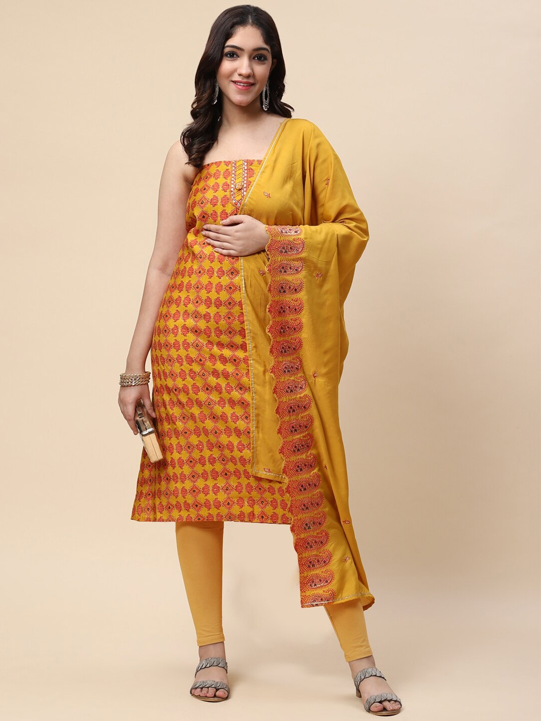 

Meena Bazaar Printed Sequinned Unstitched Dress Material, Mustard