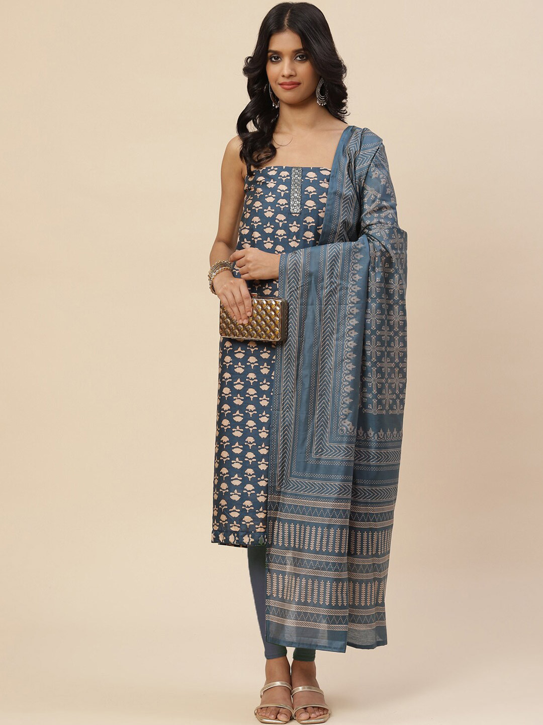 

Meena Bazaar Printed Sequinned Unstitched Dress Material, Blue