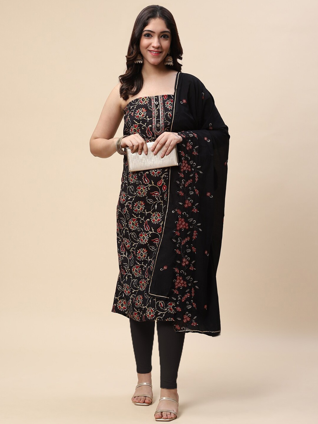 

Meena Bazaar Ethnic Printed Sequinned Unstitched Dress Material, Black