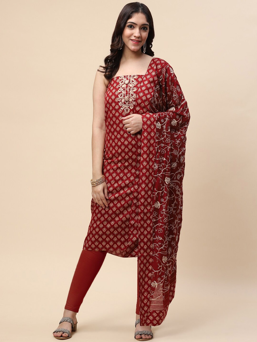 

Meena Bazaar Printed Embroidered Unstitched Dress Material, Maroon