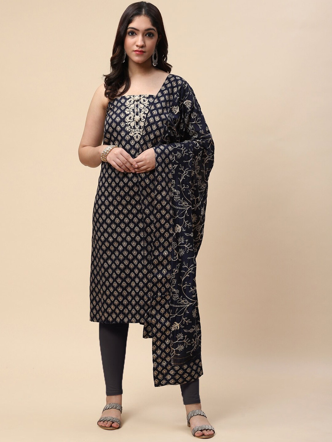 

Meena Bazaar Printed Embroidered Unstitched Dress Material, Navy blue