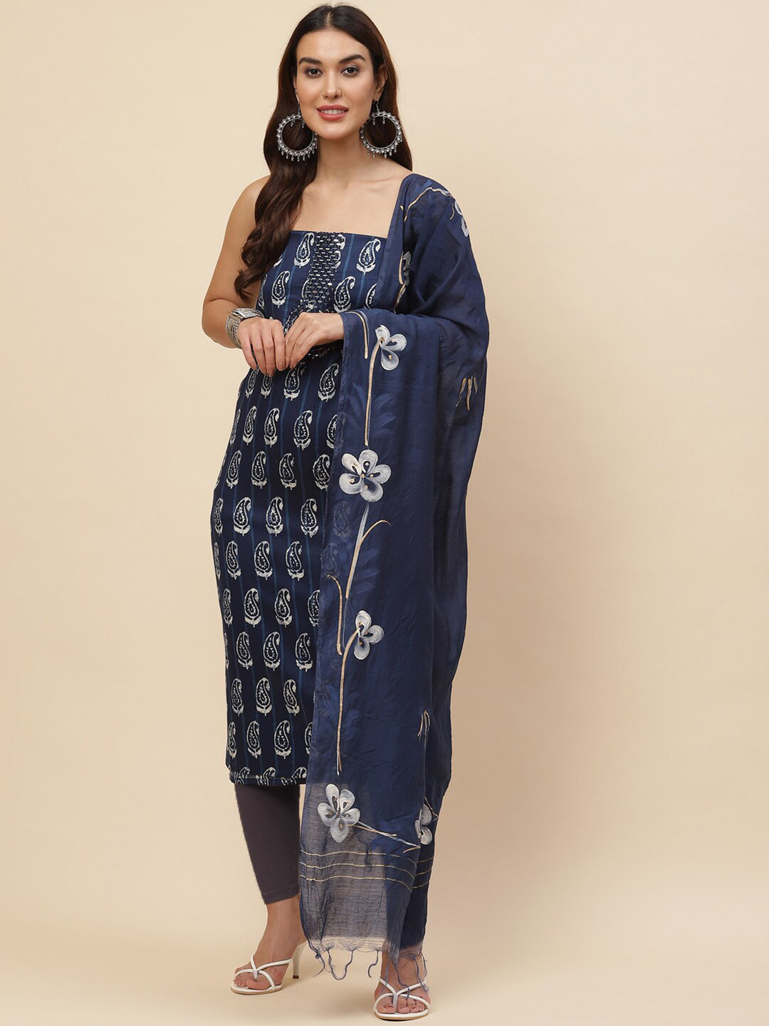 

Meena Bazaar Paisley Printed Unstitched Dress Material With Mirror Work, Navy blue