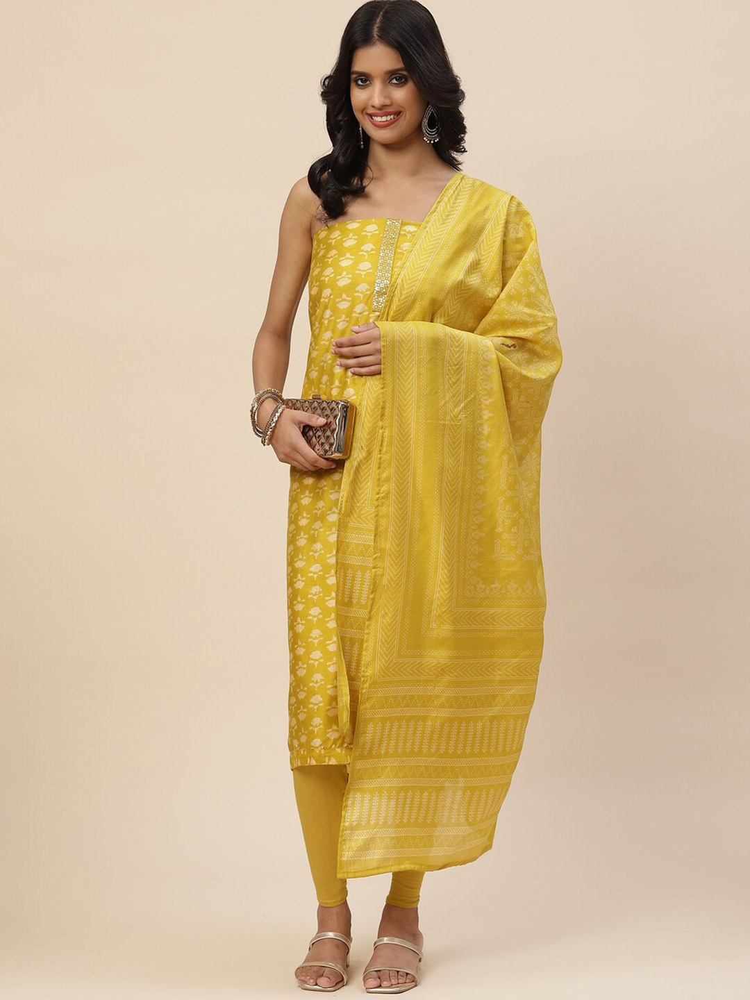 

Meena Bazaar Floral Printed Unstitched Dress Material, Mustard