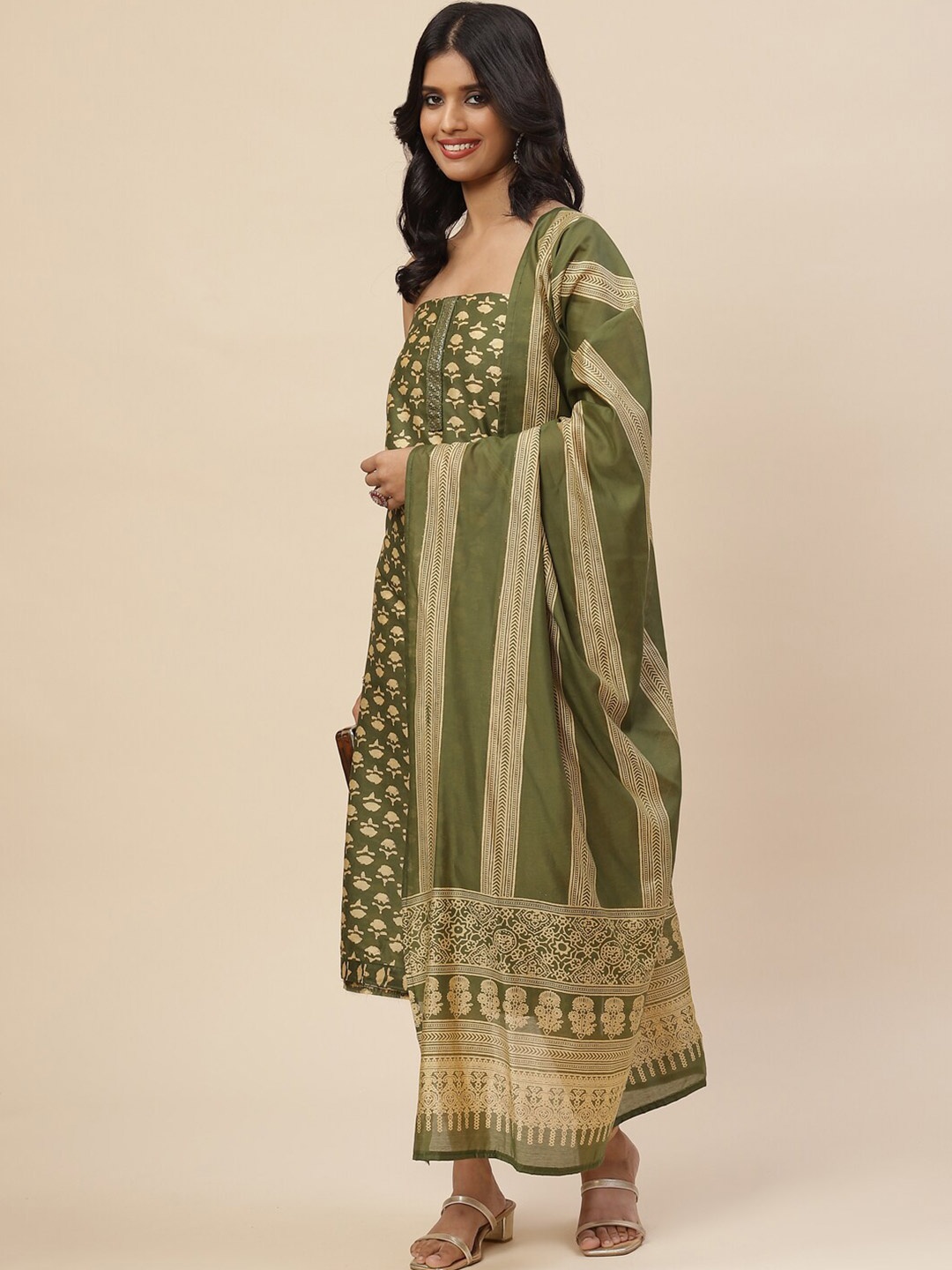 

Meena Bazaar Floral Printed Chanderi Unstitched Dress Material, Green