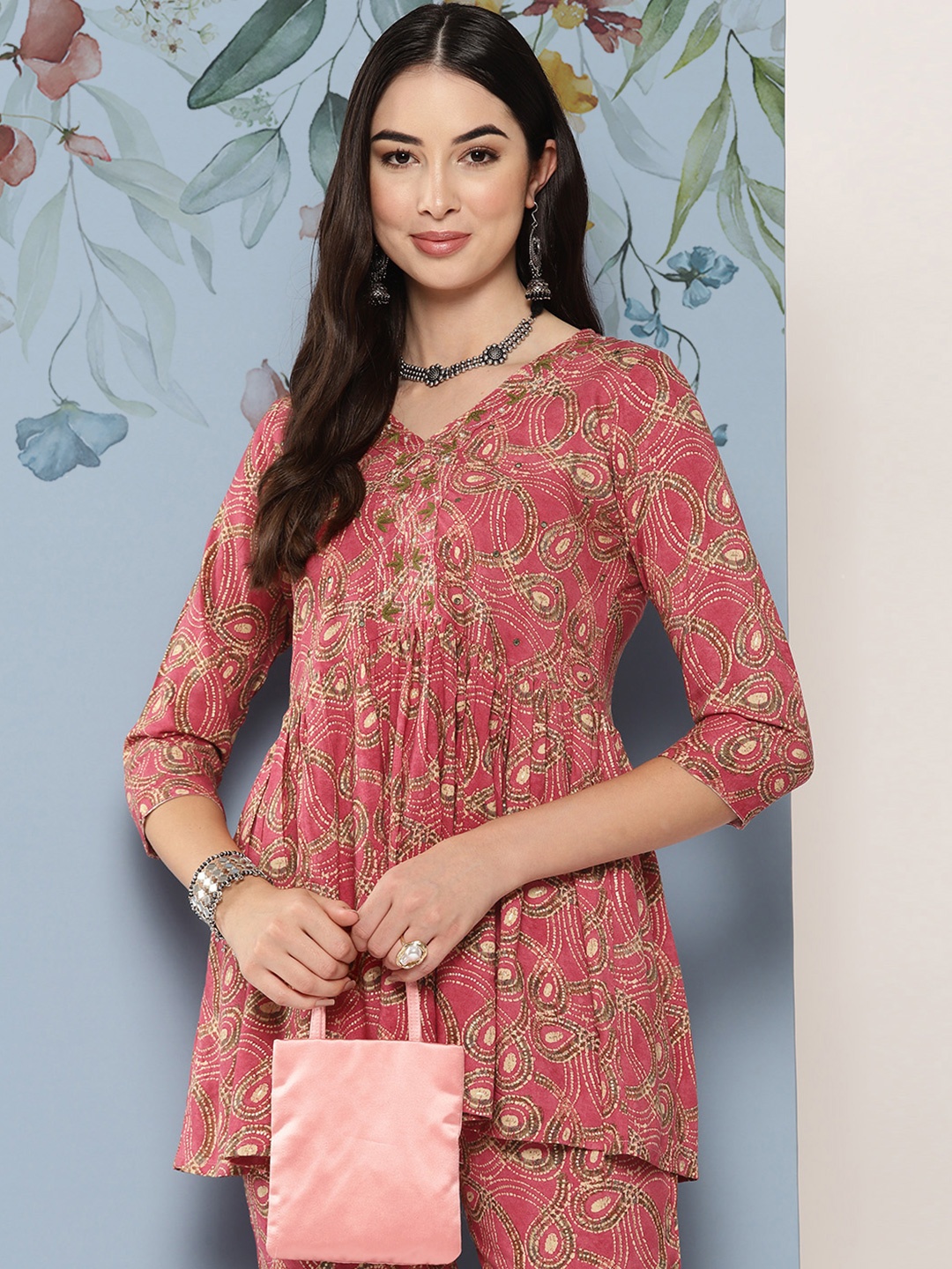 

KALINI Floral Print Empire Kurti With Palazzos, Rose