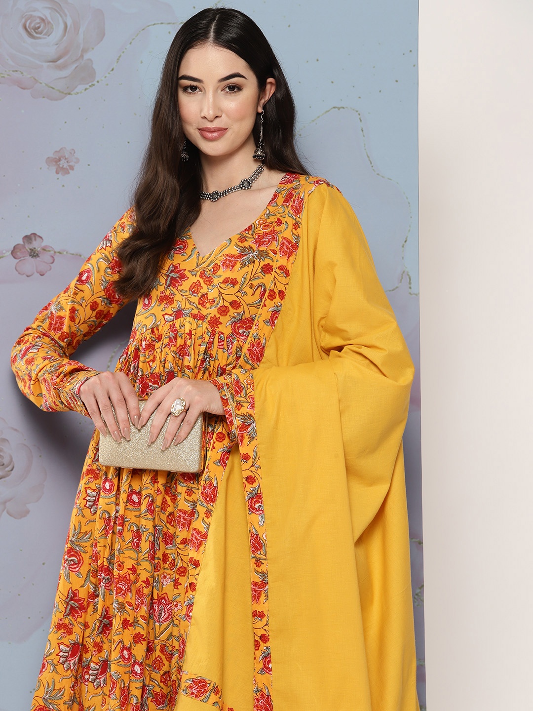 

KALINI Floral Printed Empire Pure Cotton Kurta With Trousers & Dupatta, Yellow