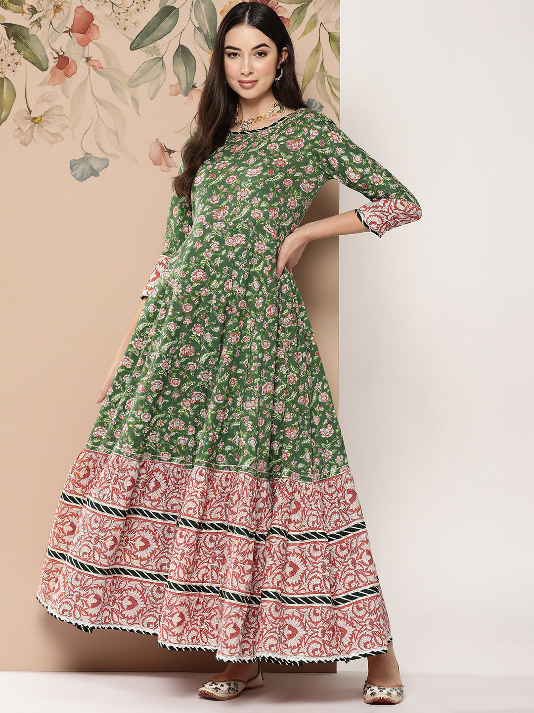 

KALINI Floral Printed Gotta Patti Detail Panelled Style Anarkali Kurta, Green
