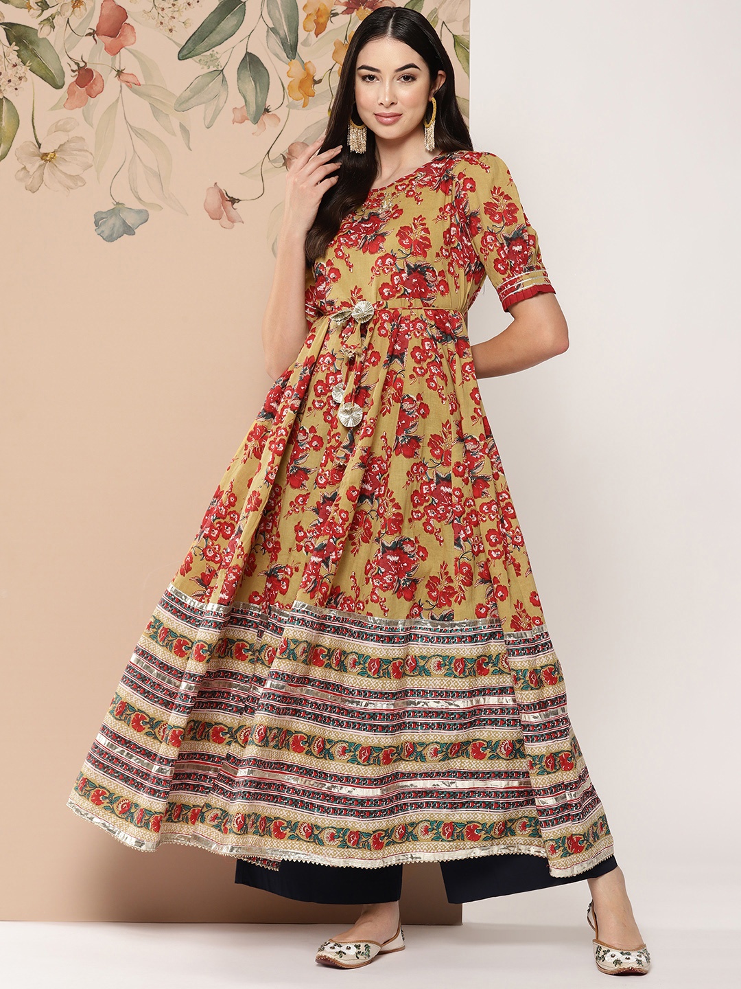 

KALINI Floral Printed Gotta Patti Detail Empire Style Anarkali Kurta, Mustard