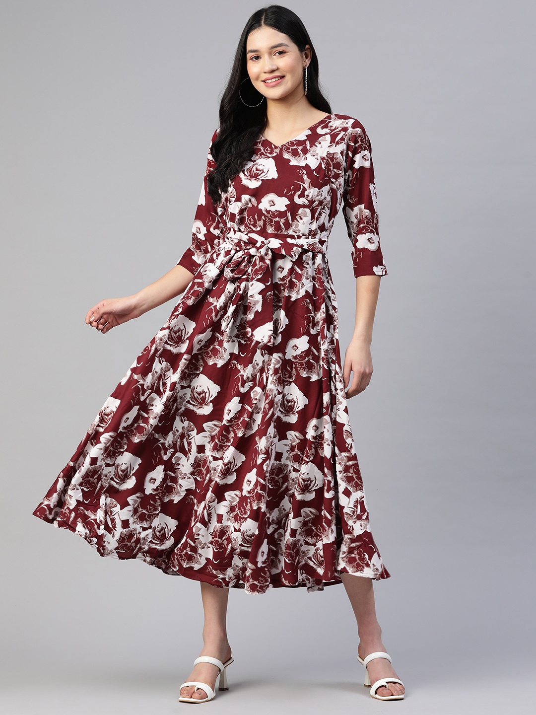 

WEAVETECH IMPEX Maroon & White Floral Georgette A-Line Midi Dress