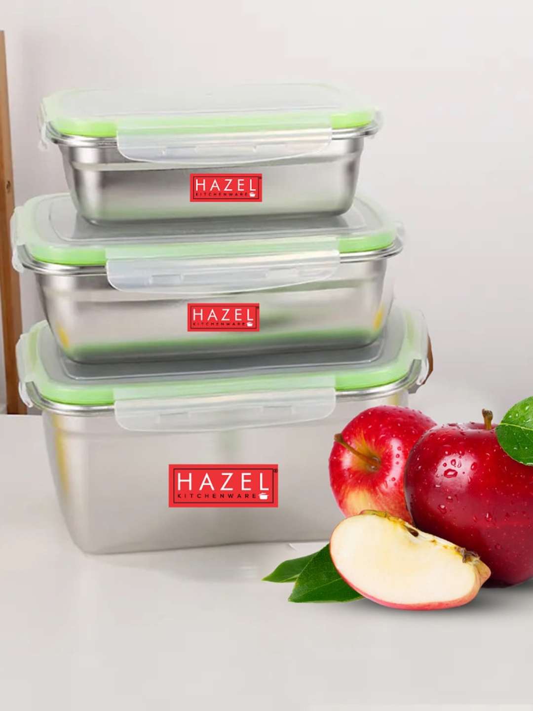 

HAZEL 3-Pcs Stainless Steel Airtight Leakproof Container With Lids - 1.8 L+2.8 L+3.5 L