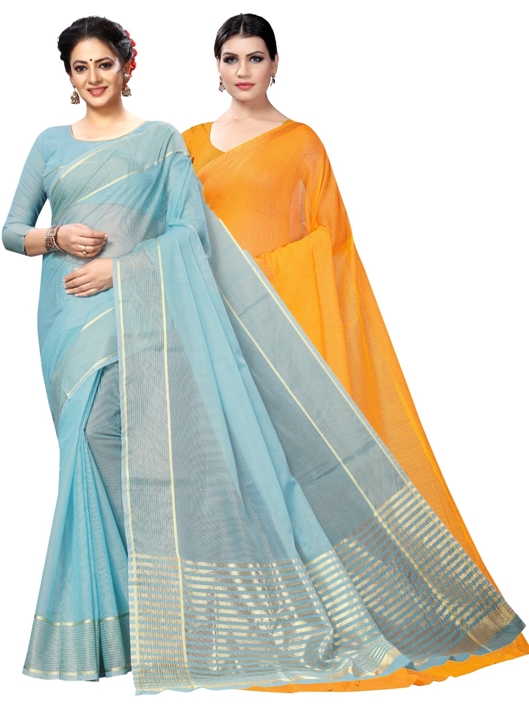 

SAADHVI Pack of 2 Striped Zari Ilkal Saree, Mustard