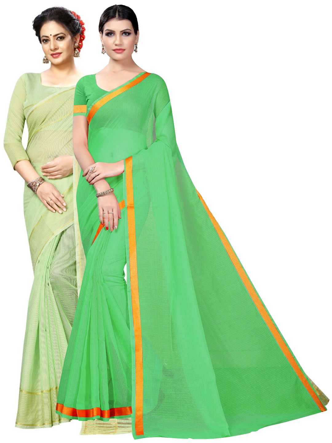 

SAADHVI Pack of 2 Striped Zari Ilkal Saree, Green