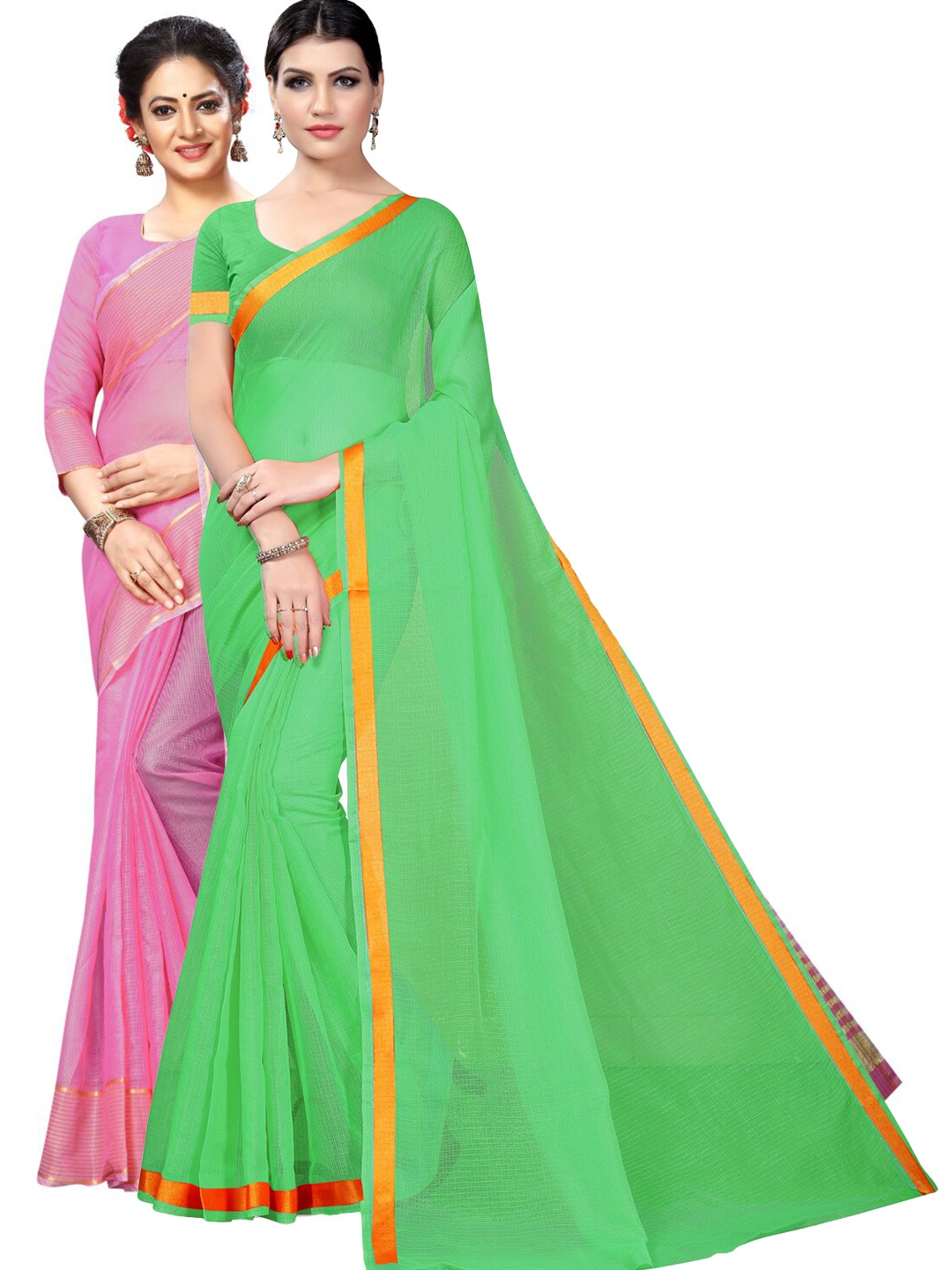 

SAADHVI A Selection Of 2 Zari Bordered Saree, Green