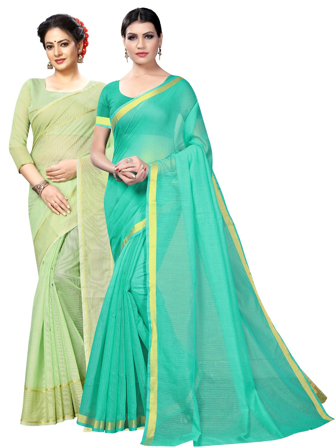 

SAADHVI A Selection Of 2 Zari Bordered Saree, Lime green