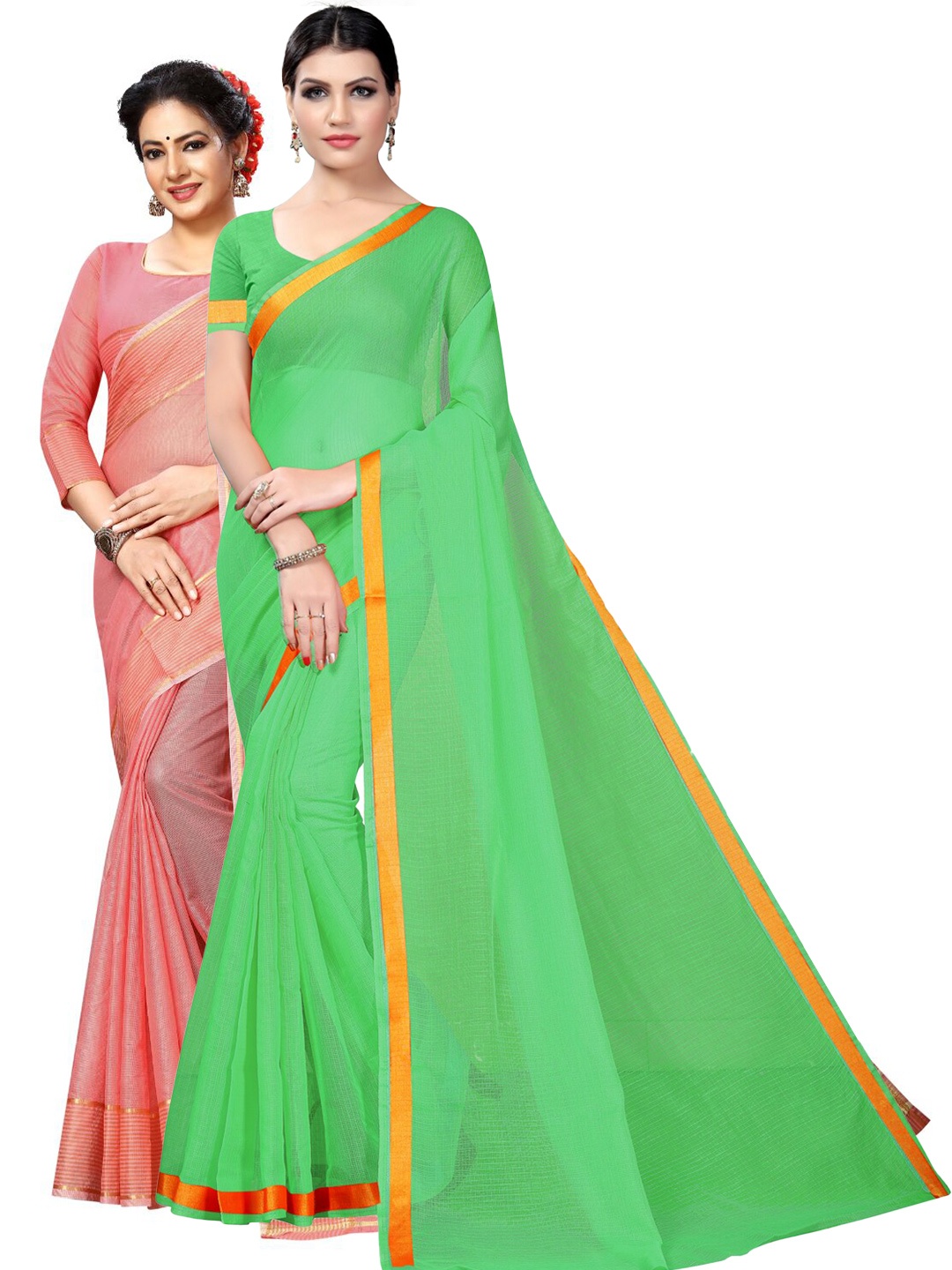 

SAADHVI A Selection Of 2 Zari Bordered Saree, Green