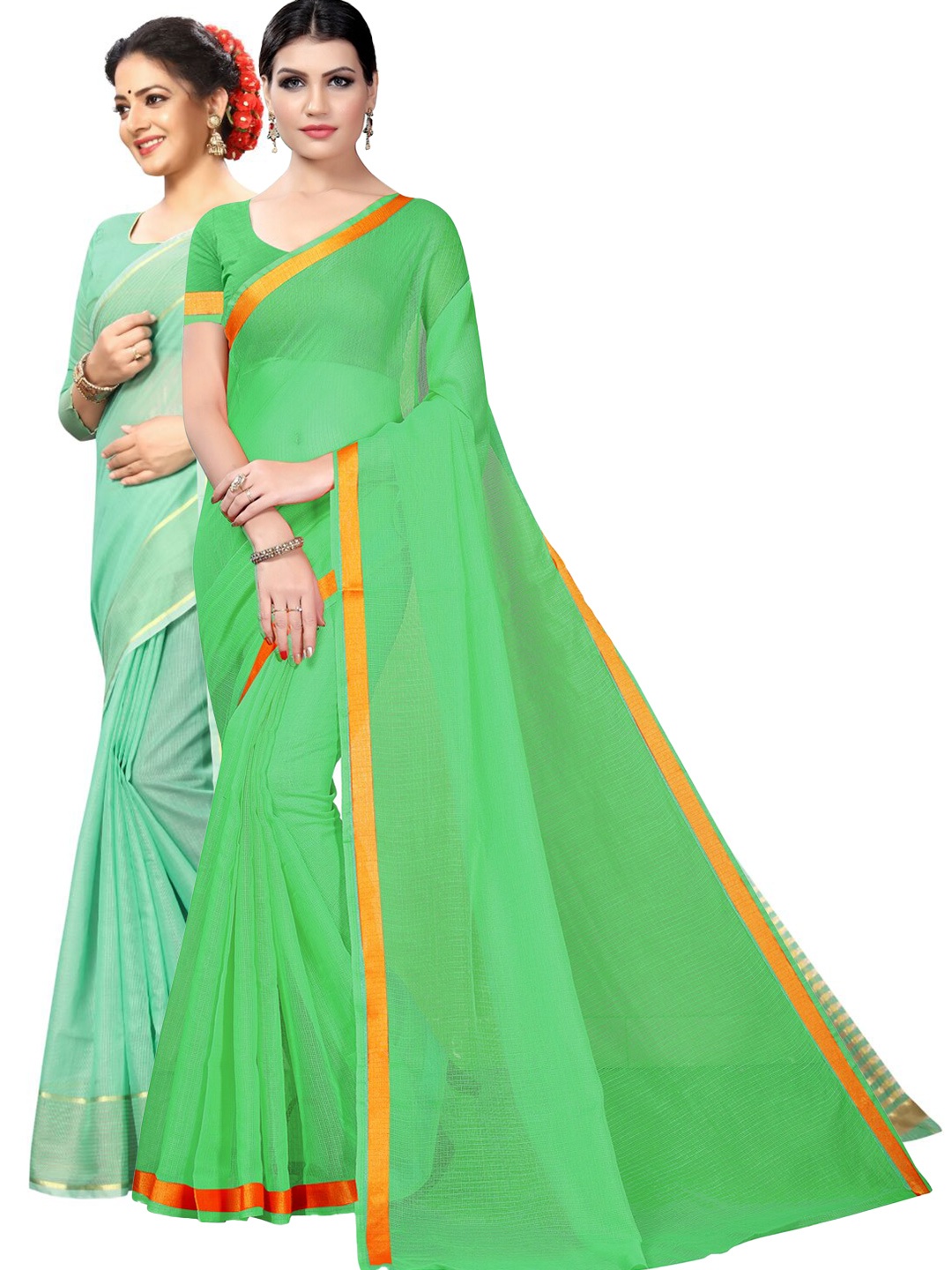 

SAADHVI A Selection Of 2 Zari Bordered Saree, Green