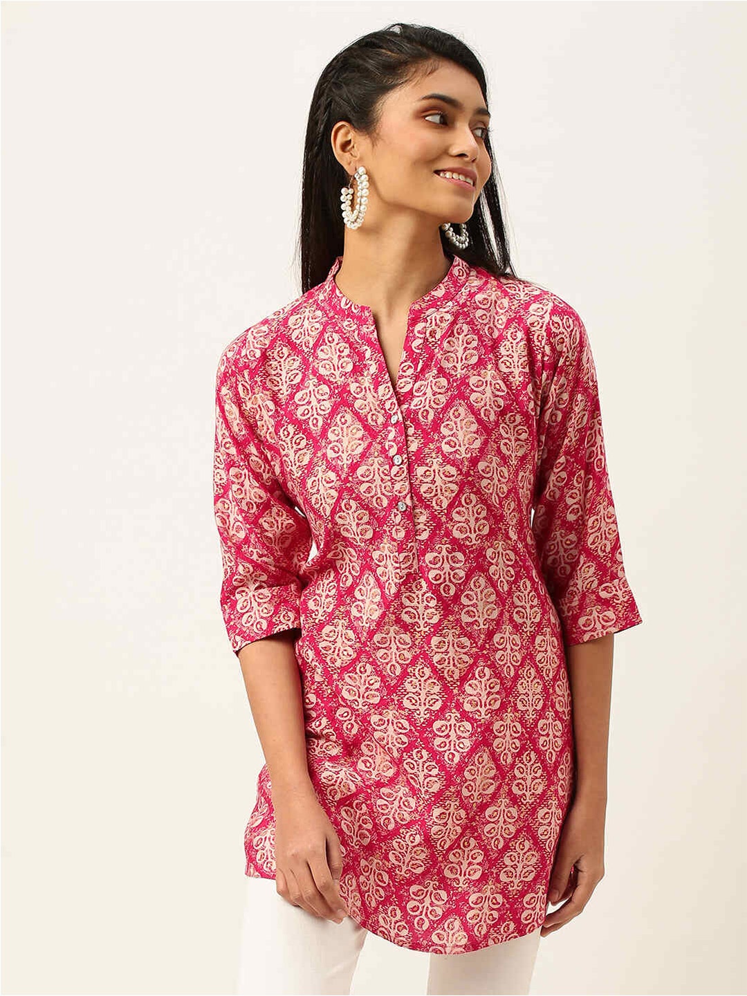 

ZOLA Ethnic Motif Printed Band Collar Silk Tunic, Pink
