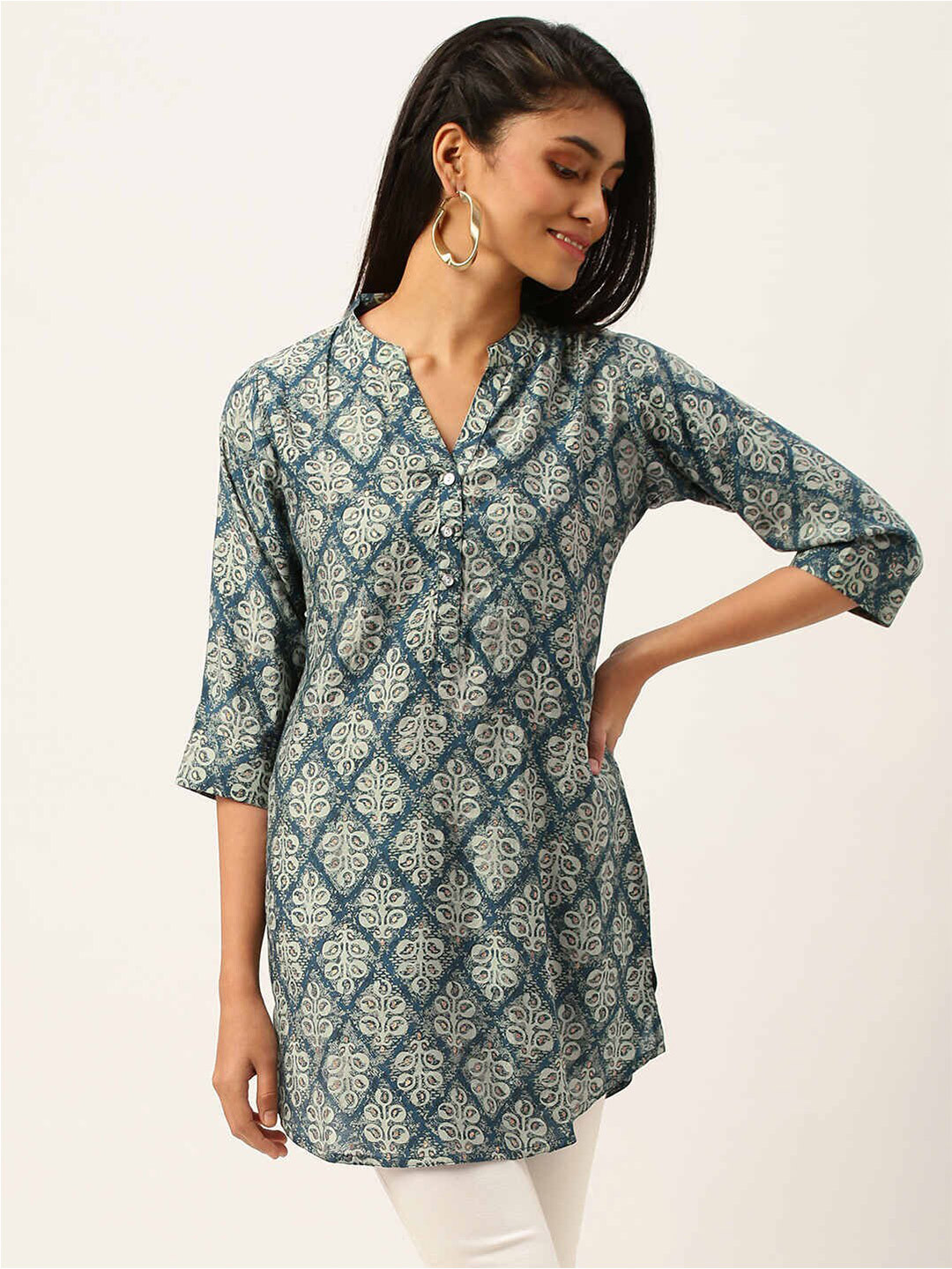

ZOLA Mandarin Collar Ethnic Printed Tunic, Teal