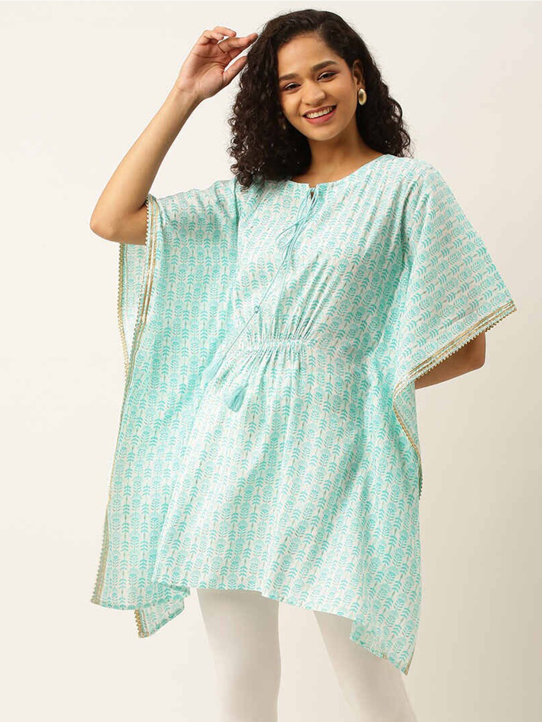 

ZOLA Printed Tie-Ups Neck Kimono Sleeves Tunic, White