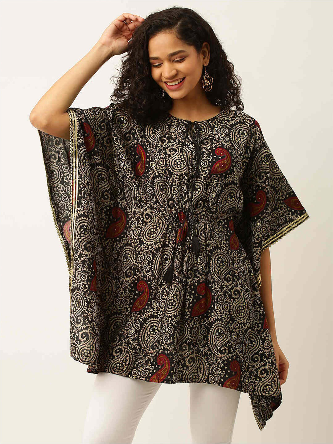 

ZOLA Paisley Printed Kimono Sleeves Kaftan Tunic, Black