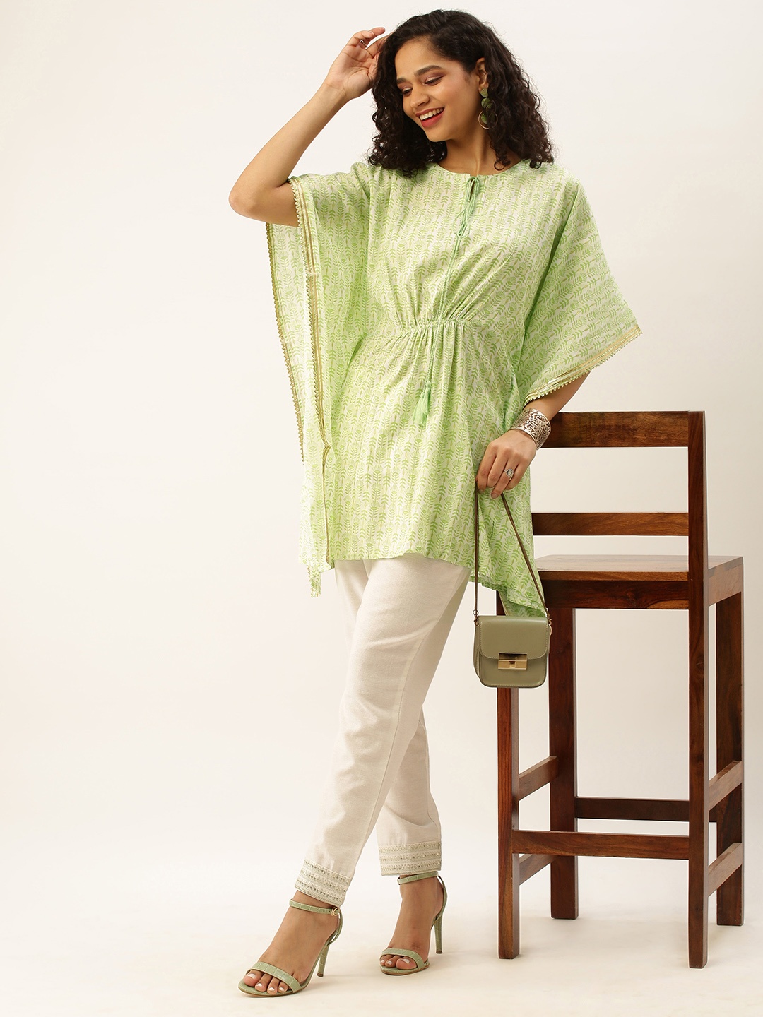 

ZOLA Ethnic Printed Tie-Ups Neck Kimono Sleeves Kaftan Tunic, Green