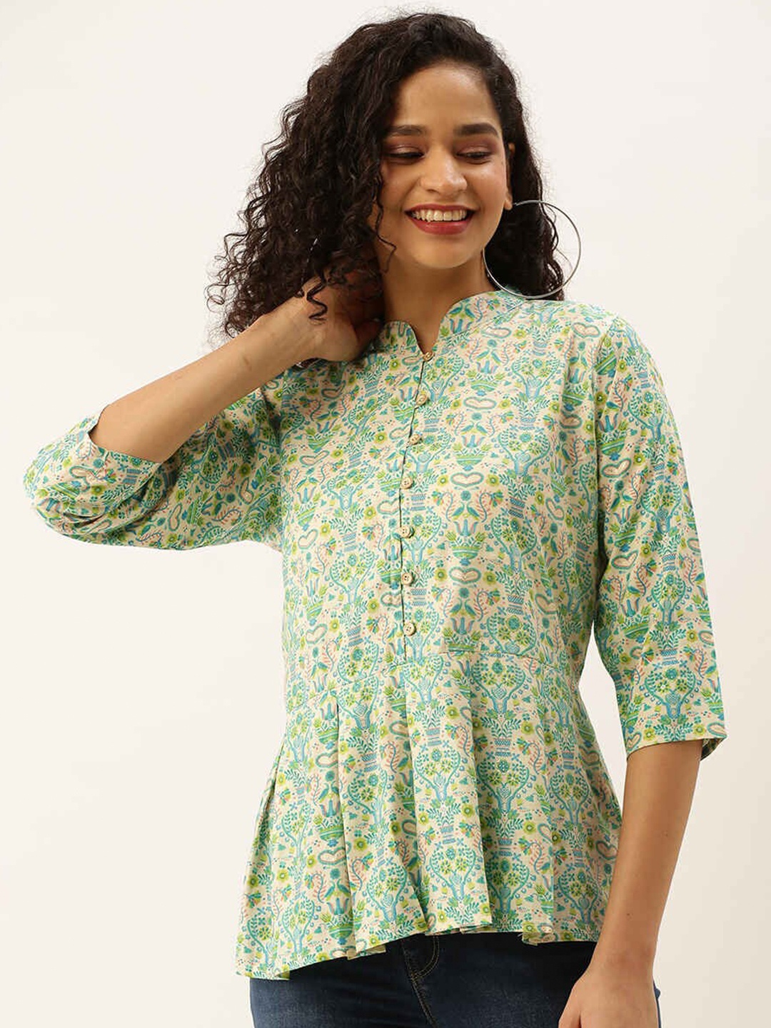 

ZOLA Mandarin Collar Ethnic Motifs Printed Tunic, Beige