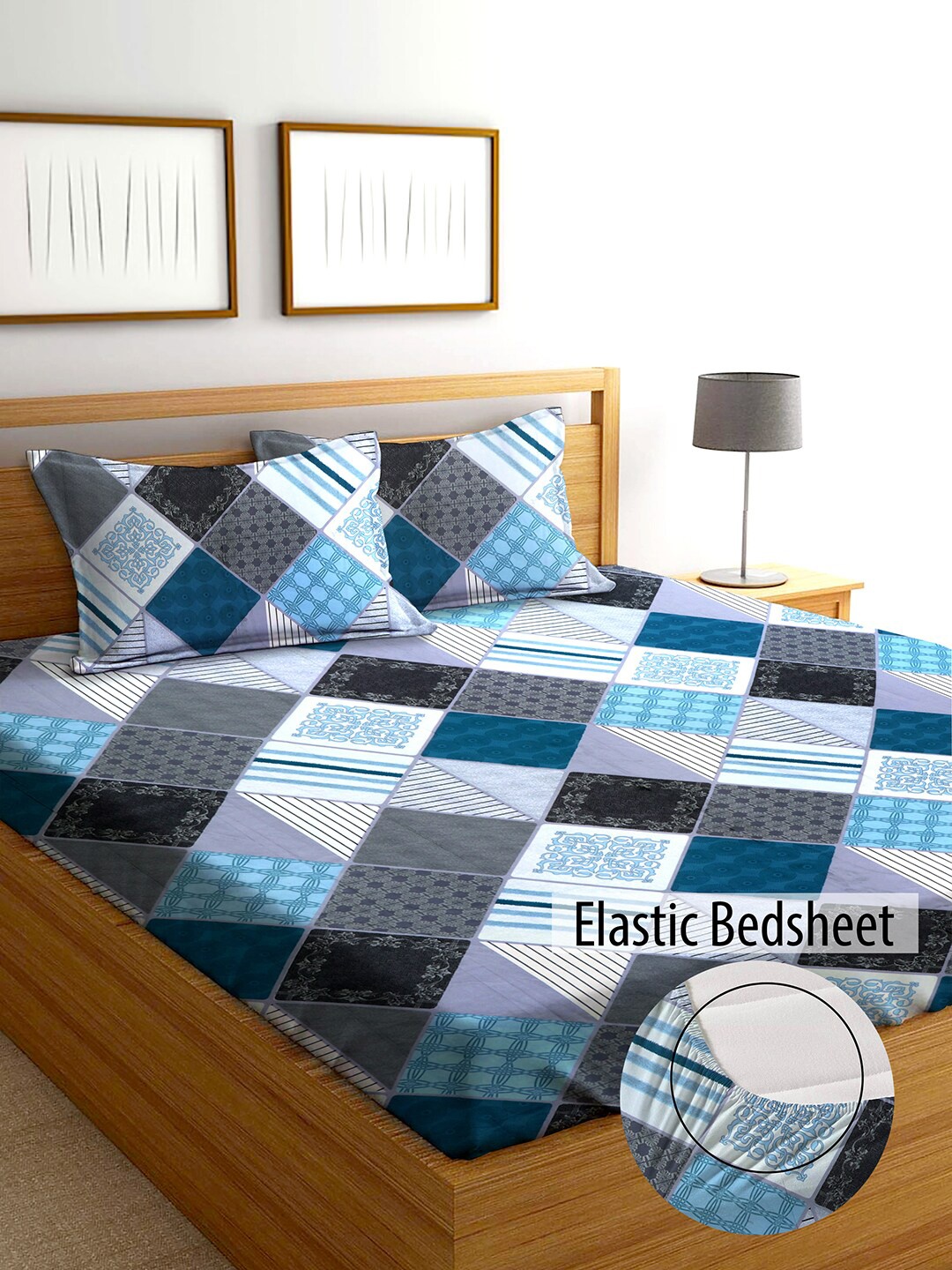 

AEROHAVEN Blue & Grey Geometric 210 TC King Bedsheet with 2 Pillow Covers