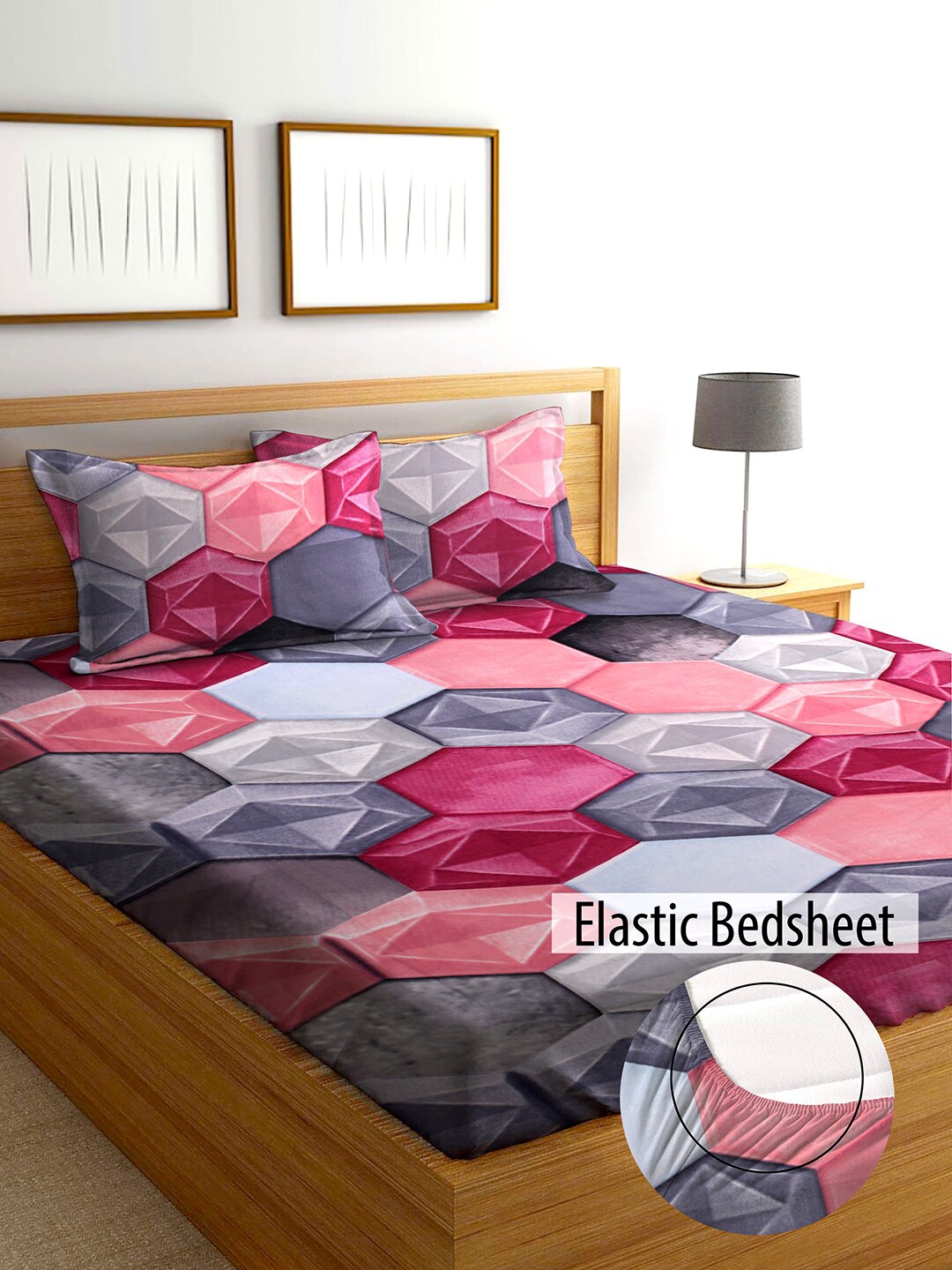 

AEROHAVEN Pink & Grey Geometric 210 TC King Bedsheet with 2 Pillow Covers