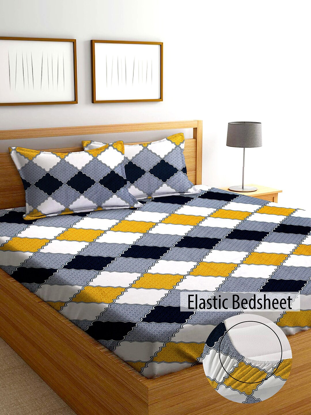 

AEROHAVEN Grey & Yellow 210 TC King Bedsheet with 2 Pillow Covers